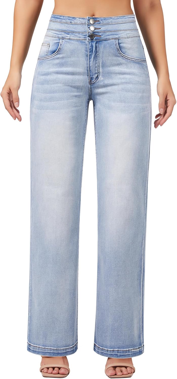 roswear Damen Wide Leg Jeans Lässige High Waist Stretch Baggy Loose Denim Hose