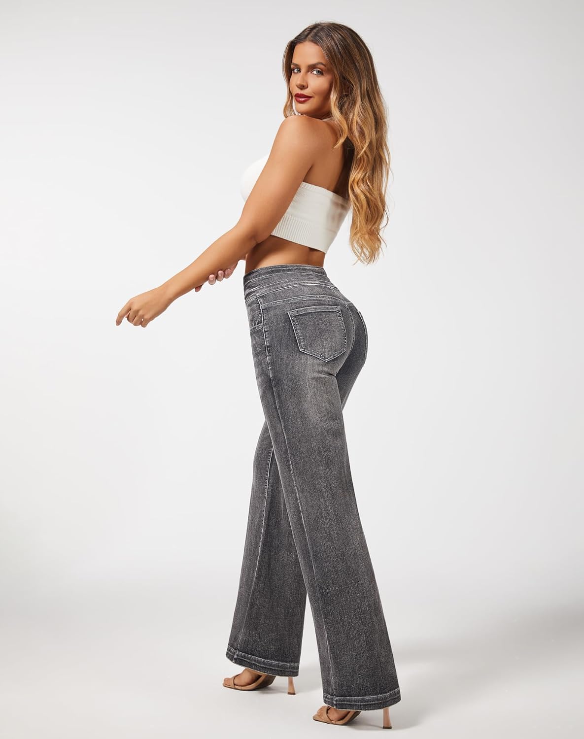 roswear Damen Wide Leg Jeans Lässige High Waist Stretch Baggy Loose Denim Hose