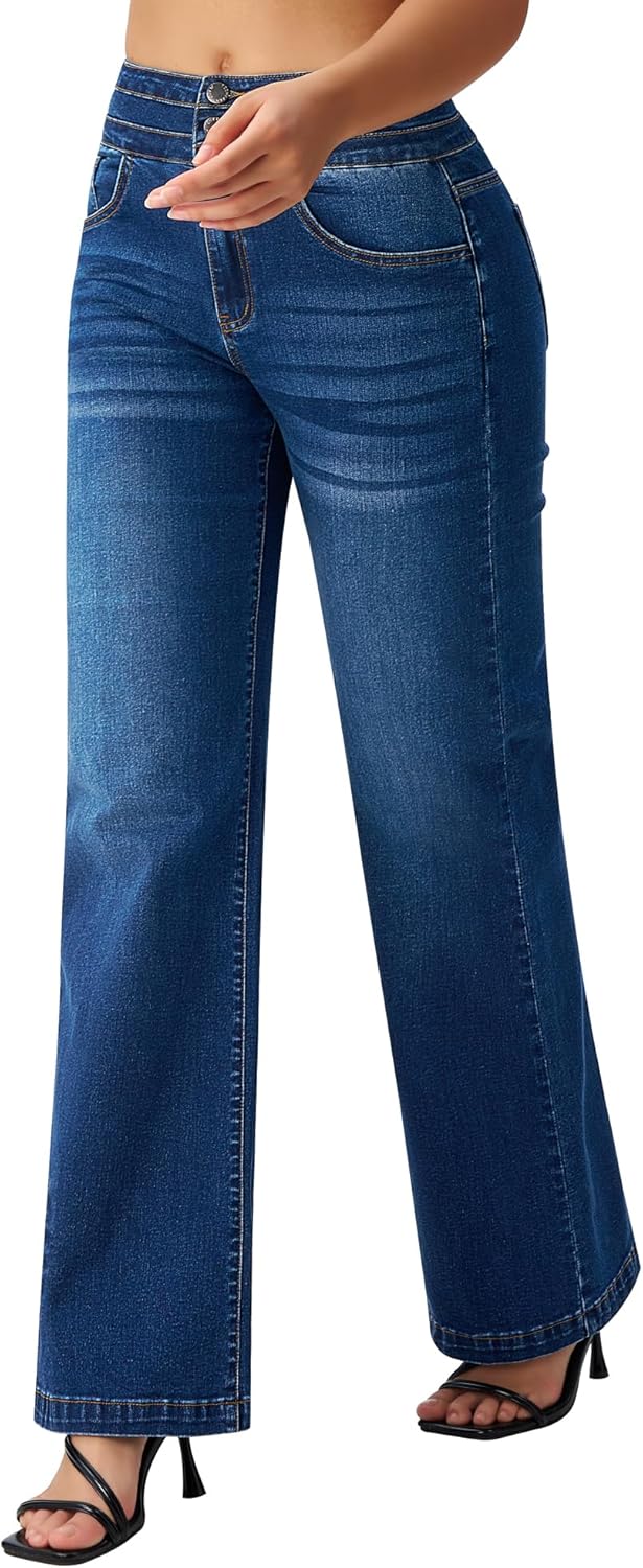 roswear Damen Wide Leg Jeans Lässige High Waist Stretch Baggy Loose Denim Hose