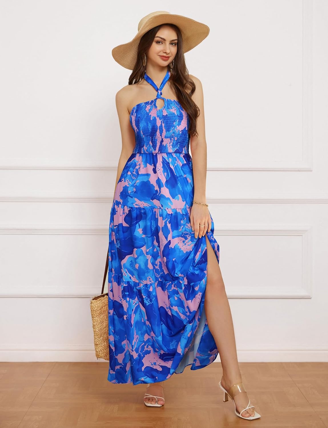 GRACE KARIN Damen Sommerkleider 2025 Neckholder Ärmellos Gesmoktes Rückenloses Cut-Out Blumenmuster Fließendes A-Linien Maxikleid