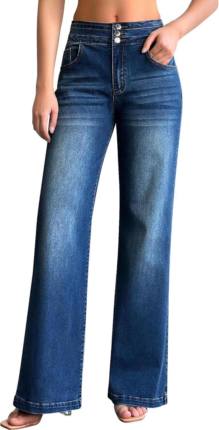 roswear Damen Wide Leg Jeans Lässige High Waist Stretch Baggy Loose Denim Hose
