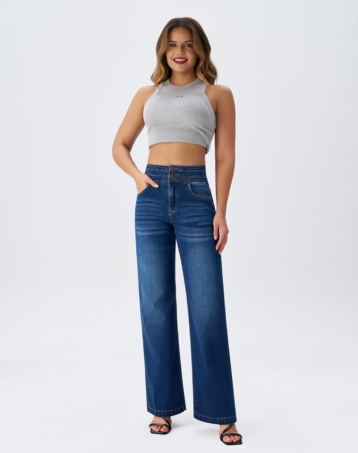 roswear Damen Wide Leg Jeans Lässige High Waist Stretch Baggy Loose Denim Hose