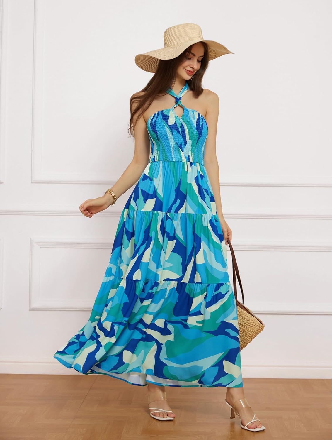 GRACE KARIN Damen Sommerkleider 2025 Neckholder Ärmellos Gesmoktes Rückenloses Cut-Out Blumenmuster Fließendes A-Linien Maxikleid