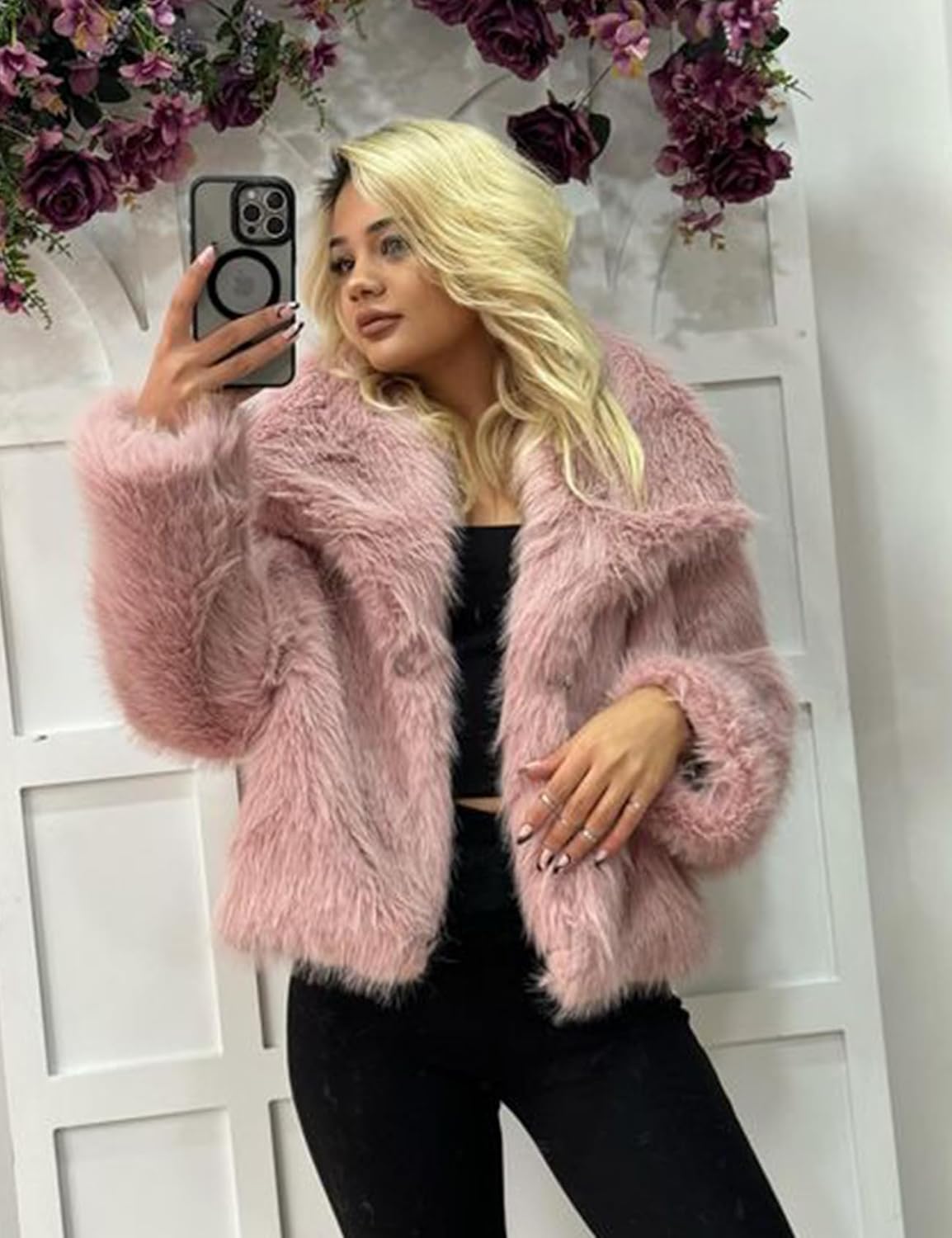 Flygo Damen Kunstpelzmantel Flauschige Kunstpelzjacke Langarm Revers Pelzige Winterjacken Zotteliger Parka Kurzer Mantel