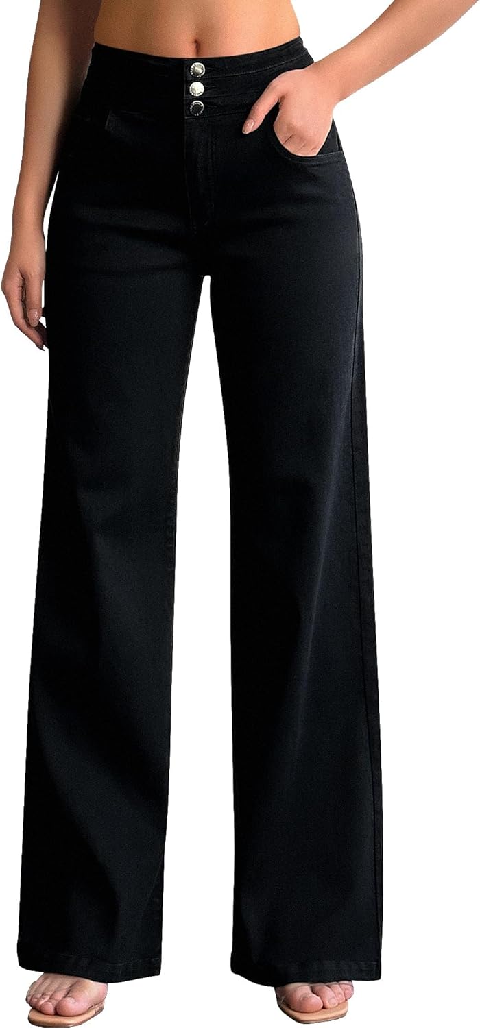roswear Damen Wide Leg Jeans Lässige High Waist Stretch Baggy Loose Denim Hose