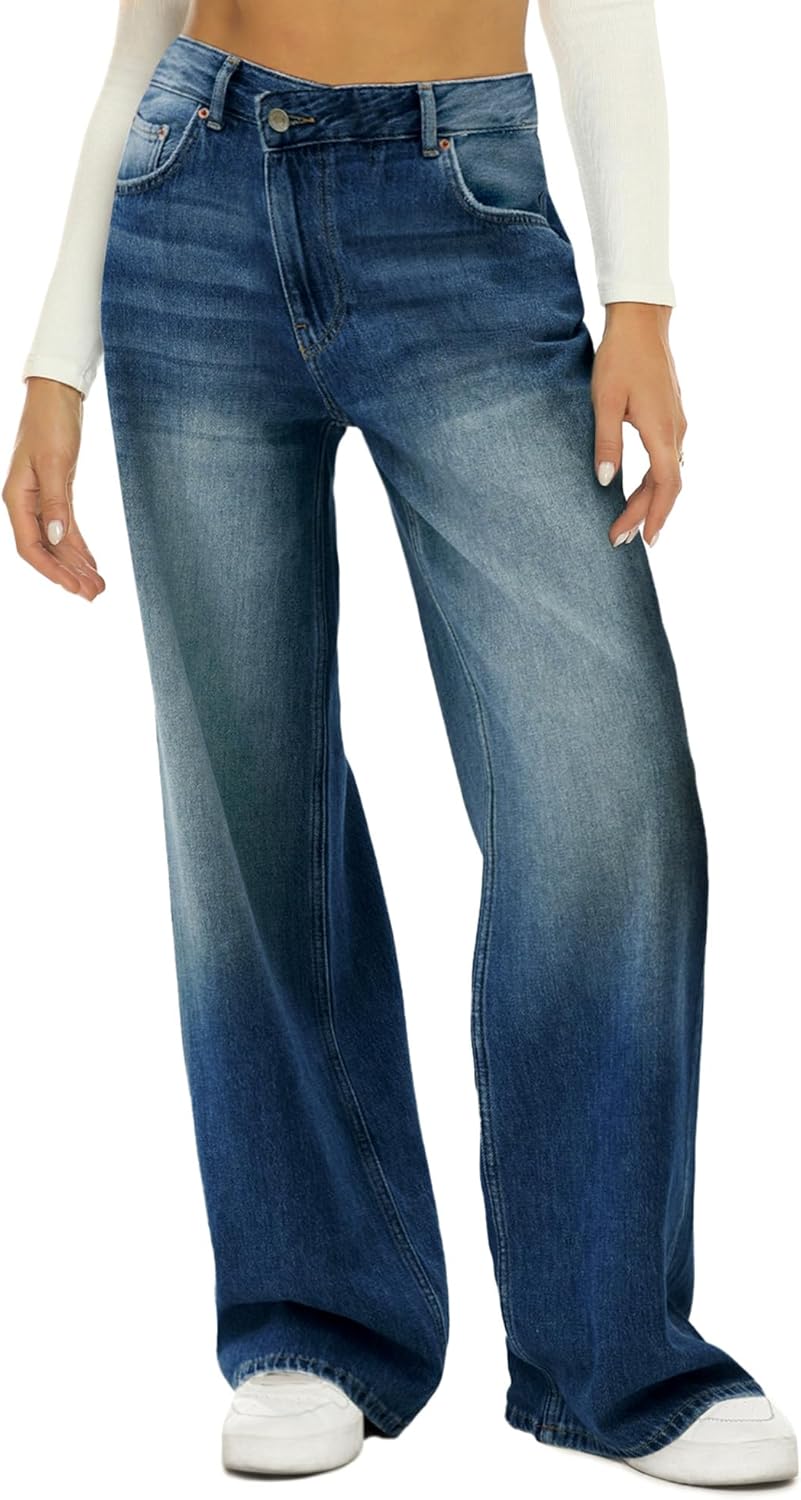 HDLTE Damen Jeans Weites Bein High Waist Baggy Jeans Loose Boyfriend Jeans Denim Hose Y2K