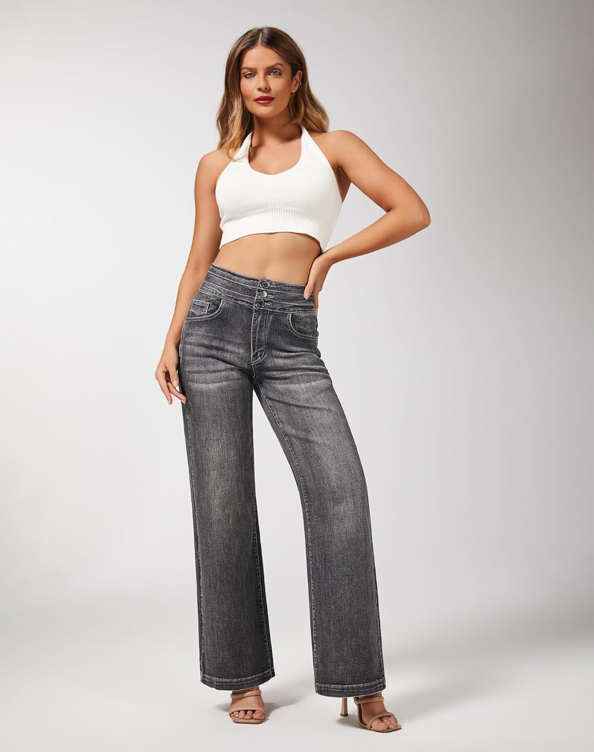 roswear Damen Wide Leg Jeans Lässige High Waist Stretch Baggy Loose Denim Hose