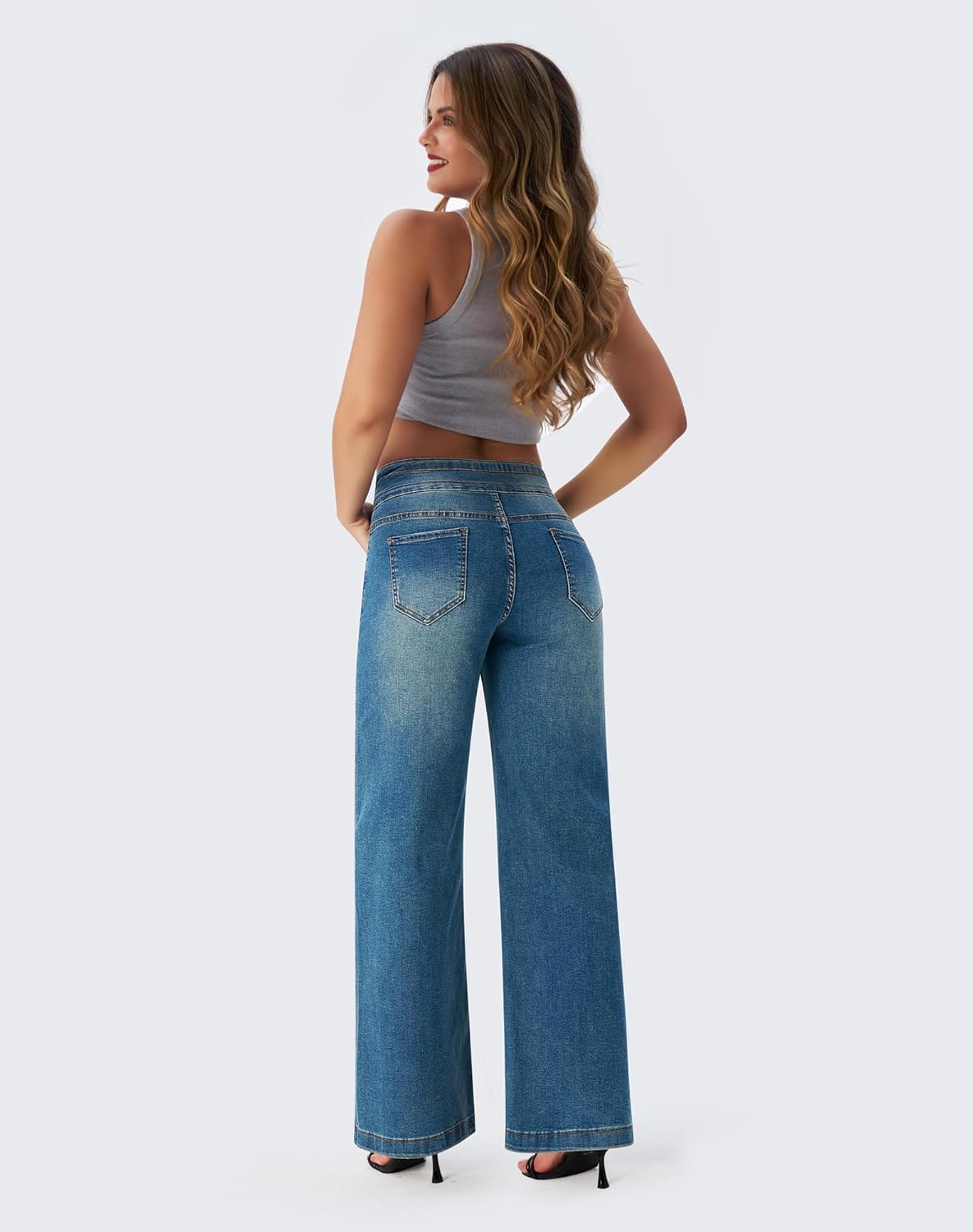roswear Damen Wide Leg Jeans Lässige High Waist Stretch Baggy Loose Denim Hose