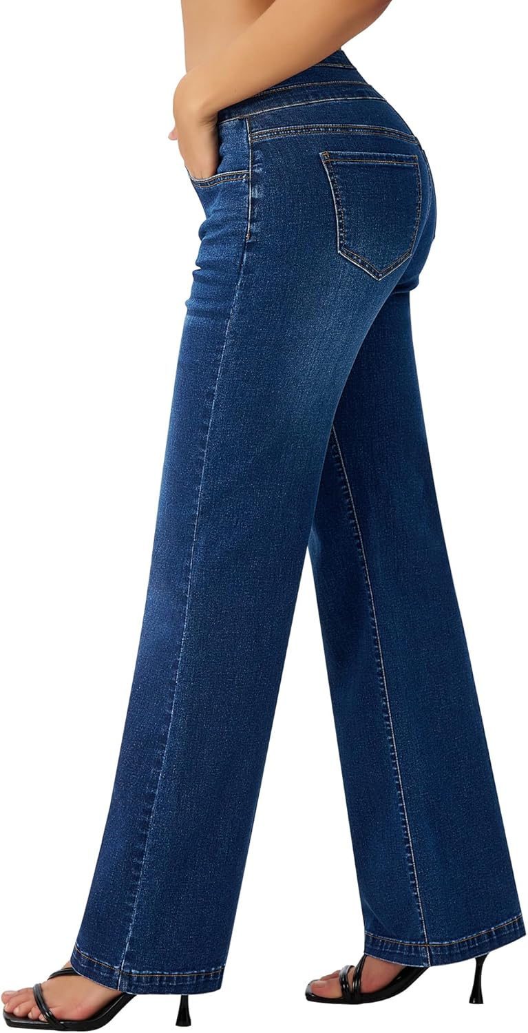 roswear Damen Wide Leg Jeans Lässige High Waist Stretch Baggy Loose Denim Hose