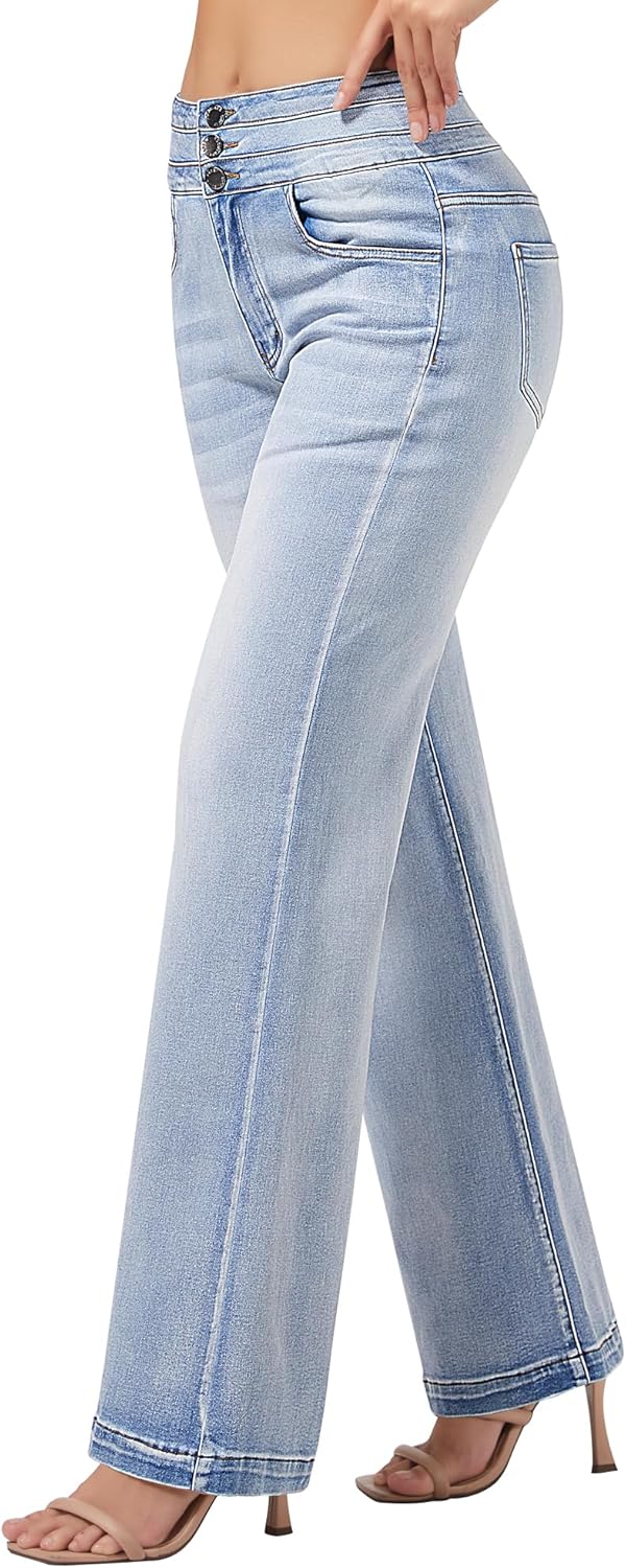 roswear Damen Wide Leg Jeans Lässige High Waist Stretch Baggy Loose Denim Hose
