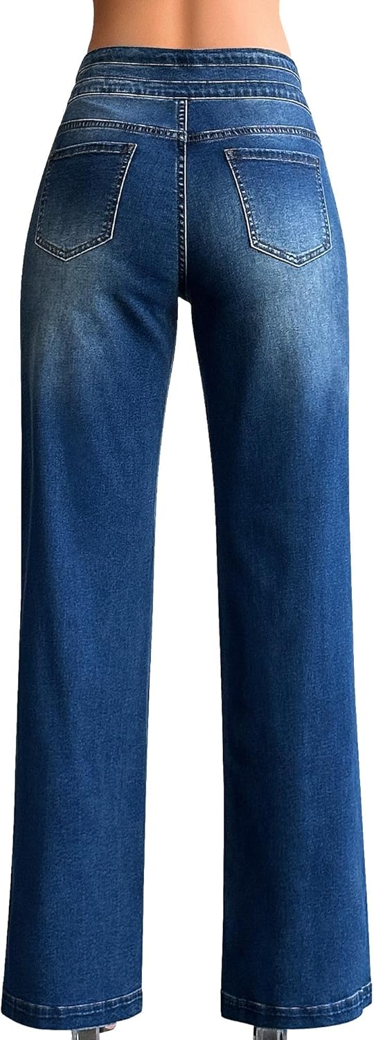 roswear Damen Wide Leg Jeans Lässige High Waist Stretch Baggy Loose Denim Hose