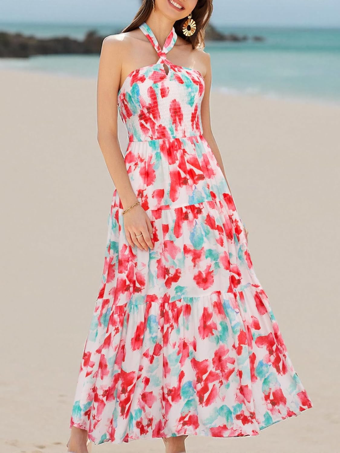 GRACE KARIN Damen Sommerkleider 2025 Neckholder Ärmellos Gesmoktes Rückenloses Cut-Out Blumenmuster Fließendes A-Linien Maxikleid