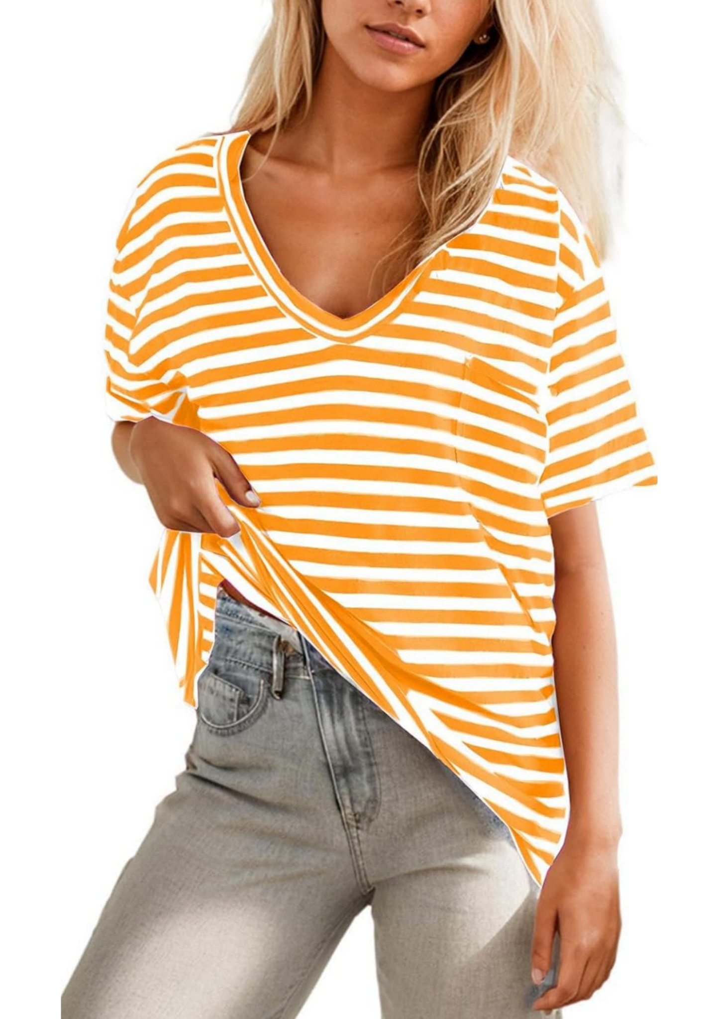 Damen V-Ausschnitt Gestreiftes T-Shirt (3 kaufen, kostenloser Versand)