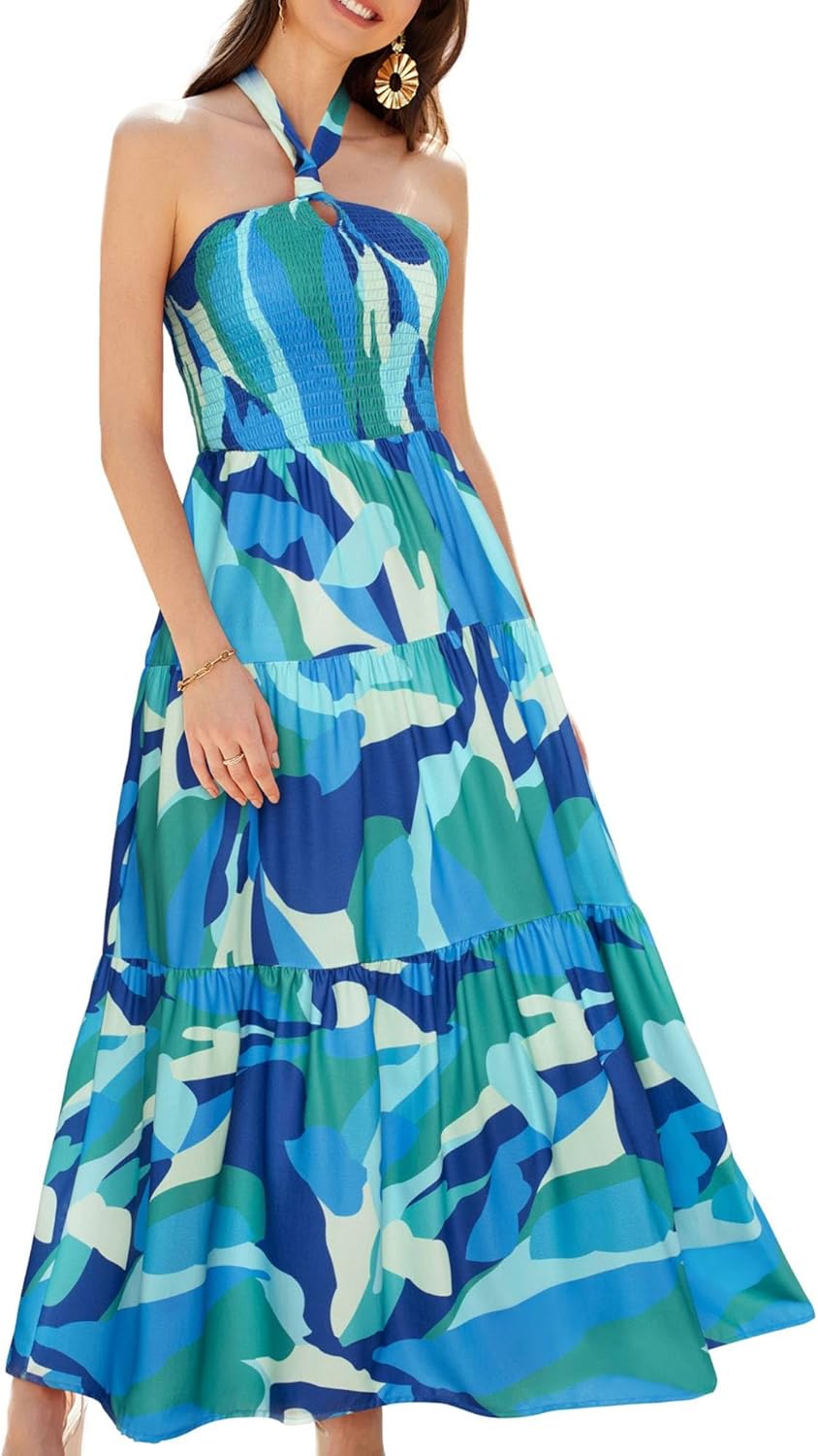 GRACE KARIN Damen Sommerkleider 2025 Neckholder Ärmellos Gesmoktes Rückenloses Cut-Out Blumenmuster Fließendes A-Linien Maxikleid