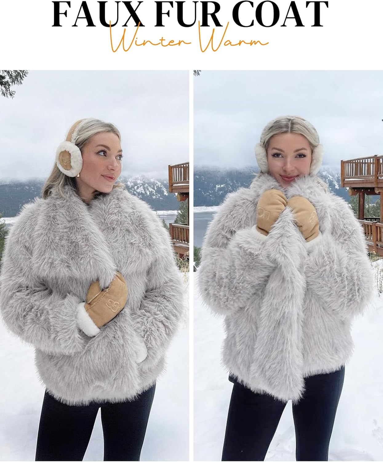 Flygo Damen Kunstpelzmantel Flauschige Kunstpelzjacke Langarm Revers Pelzige Winterjacken Zotteliger Parka Kurzer Mantel