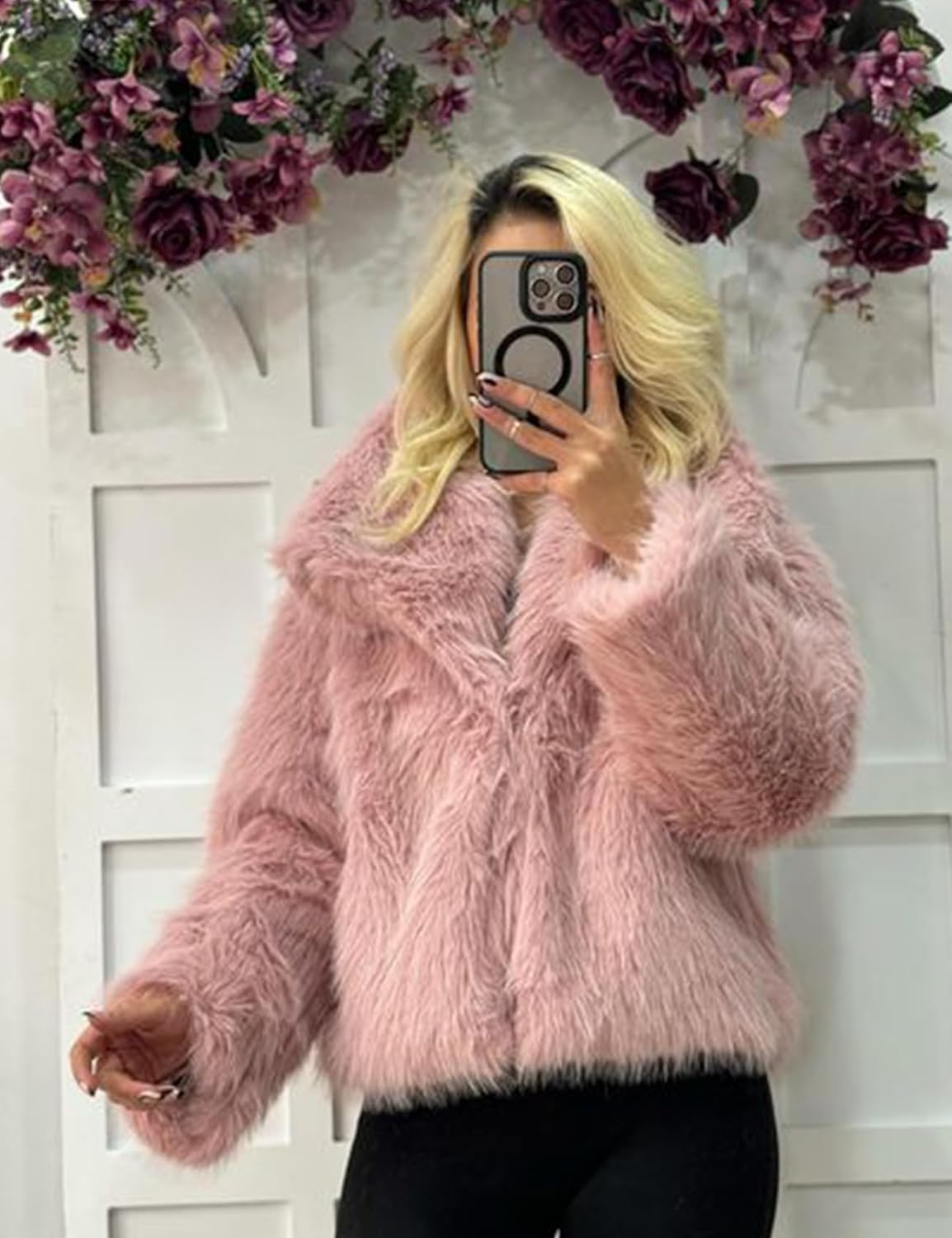 Flygo Damen Kunstpelzmantel Flauschige Kunstpelzjacke Langarm Revers Pelzige Winterjacken Zotteliger Parka Kurzer Mantel
