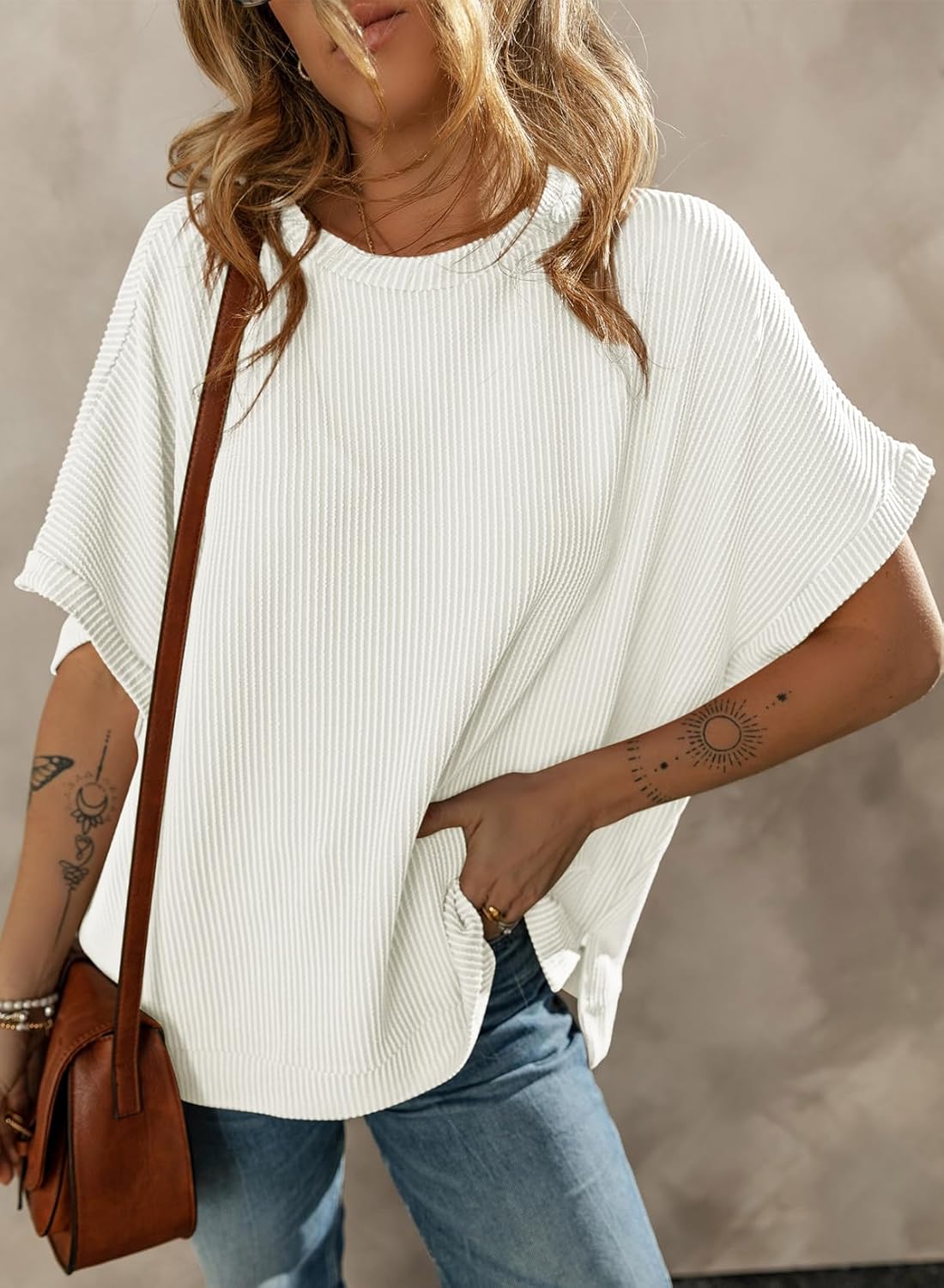 Dokotoo Women's Casual Oversized Short Sleeve Solid Color Loose Texture Knit Tunic Tops Blouses