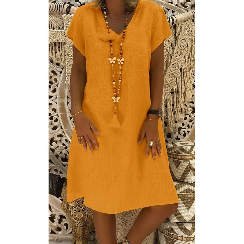 🔥49%- Cotton-Polyester Blend Dresses Casual V Neck Midi Dress🔥