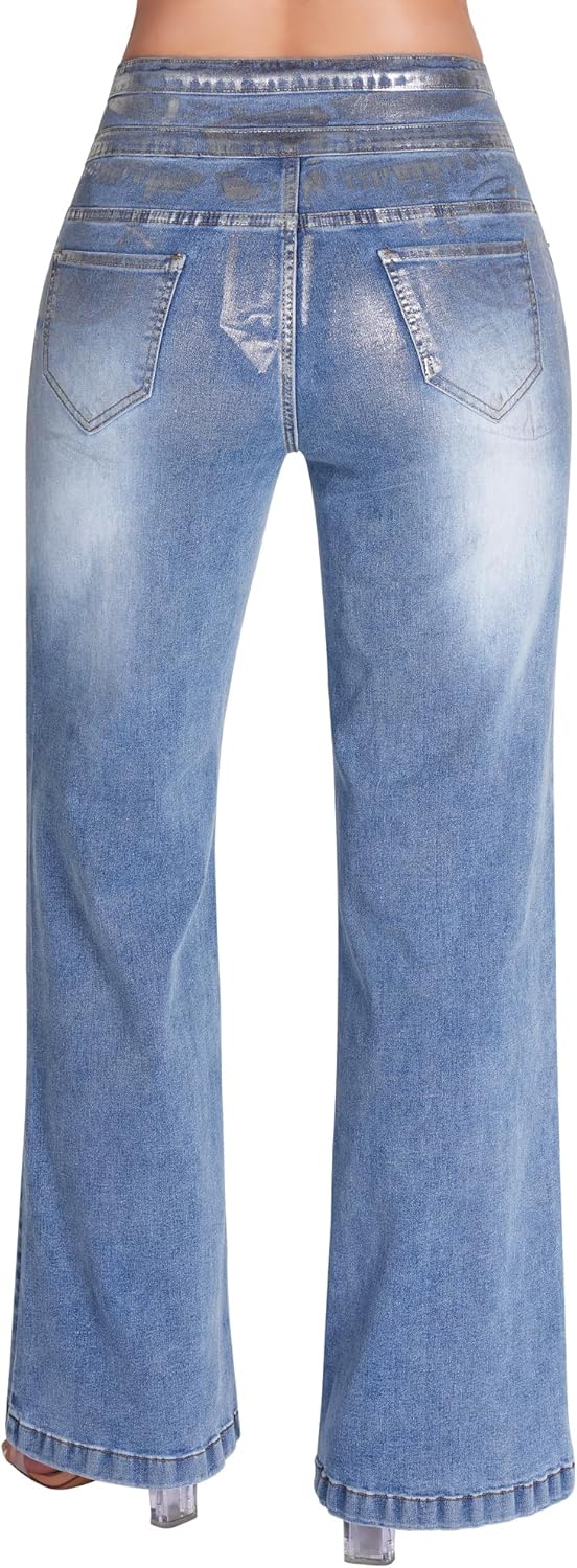 roswear Damen Wide Leg Jeans Lässige High Waist Stretch Baggy Loose Denim Hose