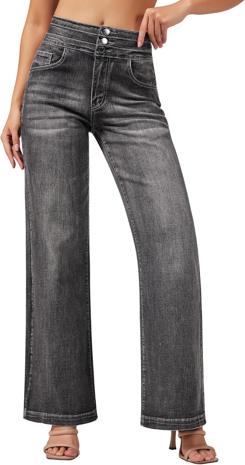roswear Damen Wide Leg Jeans Lässige High Waist Stretch Baggy Loose Denim Hose