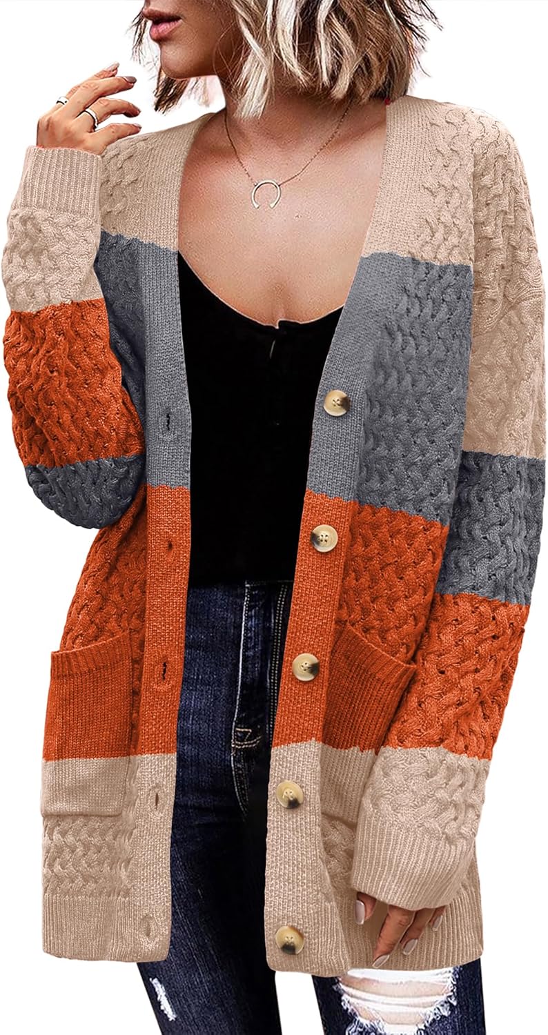 Zeagoo Damen Langarm Grobstrick Cardigan Herbststrickjacken Knopfleiste Offen Vorne Oberbekleidung mit Taschen 2024