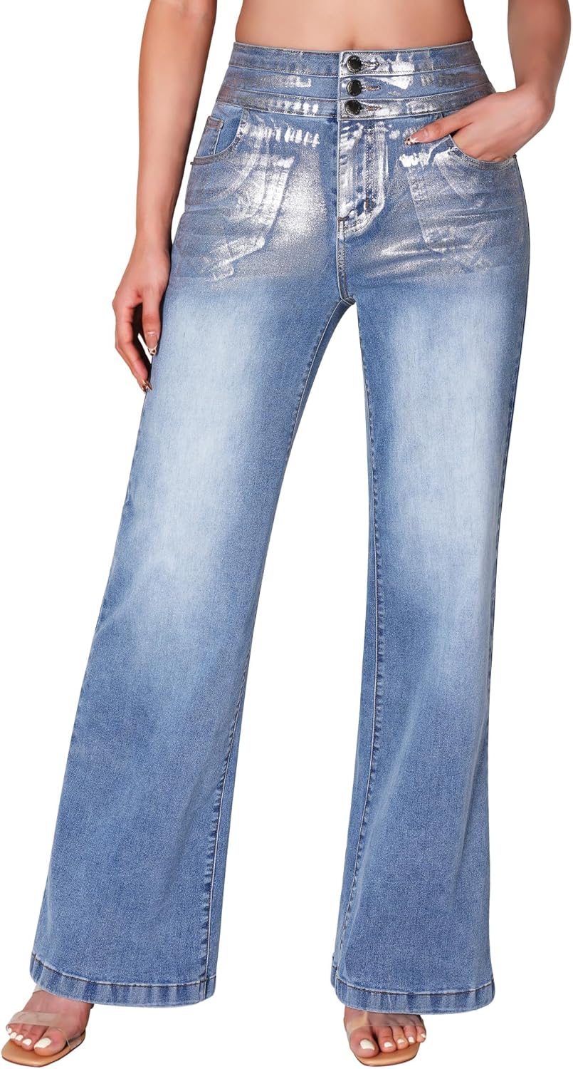 roswear Damen Wide Leg Jeans Lässige High Waist Stretch Baggy Loose Denim Hose
