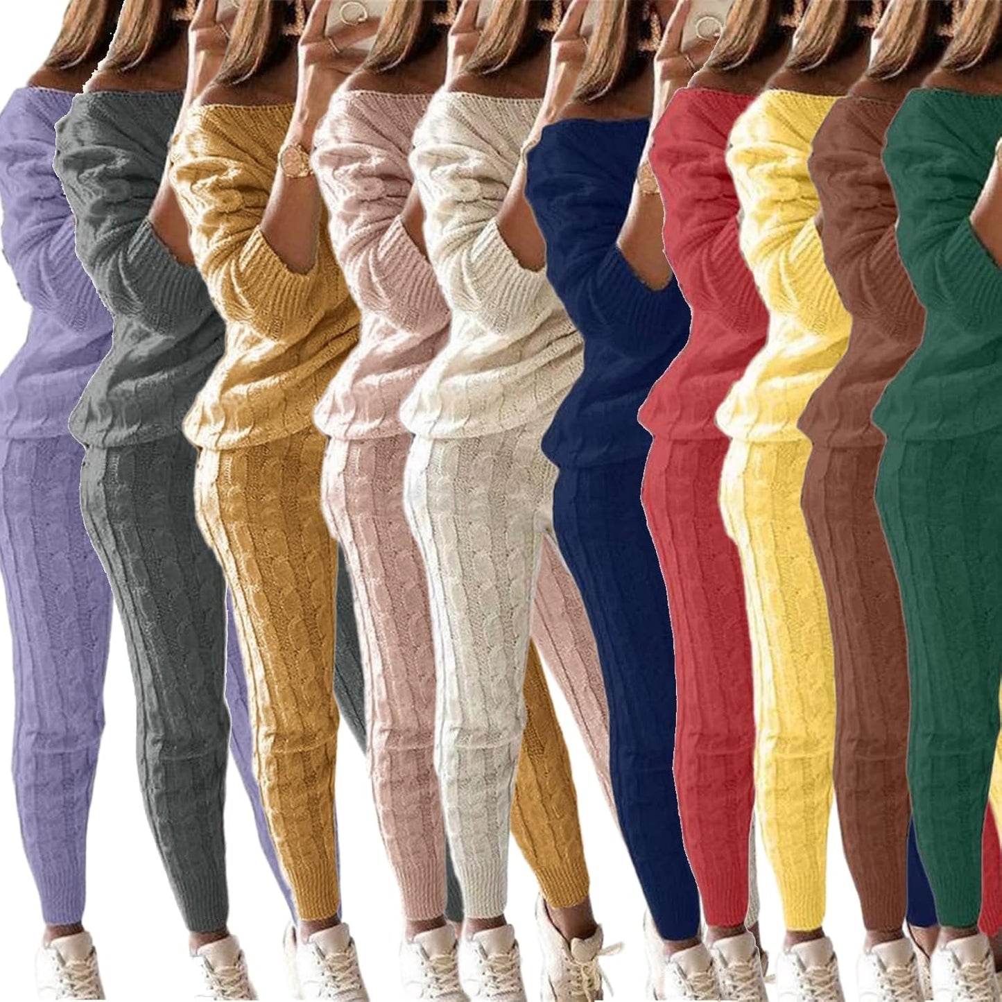 Damen Herbst Strick 2-teilige Outfits Pullover Shirt Top und Bodycon Hose Freizeit Jumpsuit Strampler Plus Size