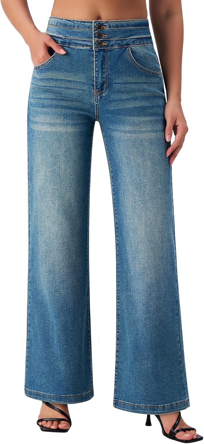 roswear Damen Wide Leg Jeans Lässige High Waist Stretch Baggy Loose Denim Hose