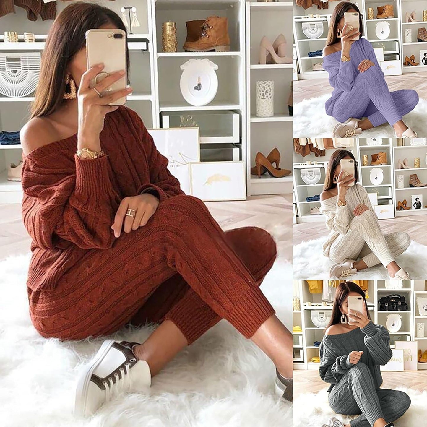 Damen Herbst Strick 2-teilige Outfits Pullover Shirt Top und Bodycon Hose Freizeit Jumpsuit Strampler Plus Size