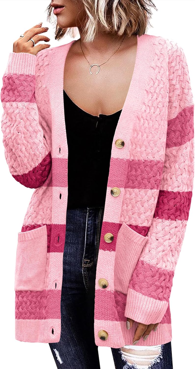 Zeagoo Damen Langarm Grobstrick Cardigan Herbststrickjacken Knopfleiste Offen Vorne Oberbekleidung mit Taschen 2024