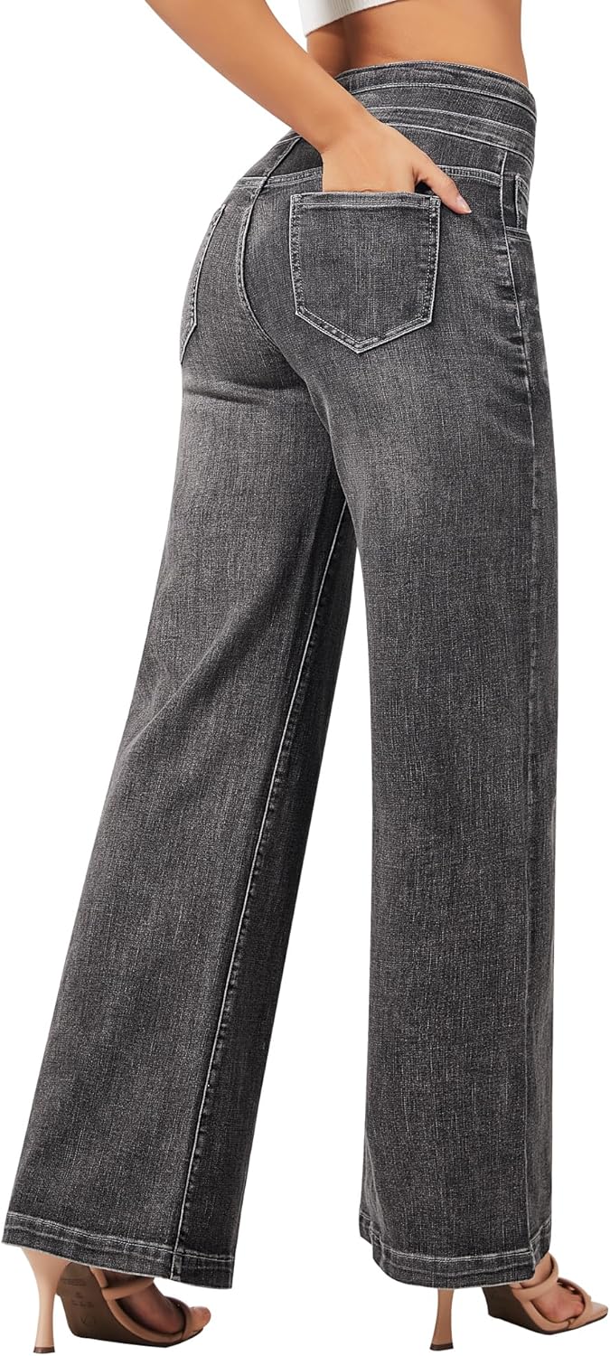 roswear Damen Wide Leg Jeans Lässige High Waist Stretch Baggy Loose Denim Hose