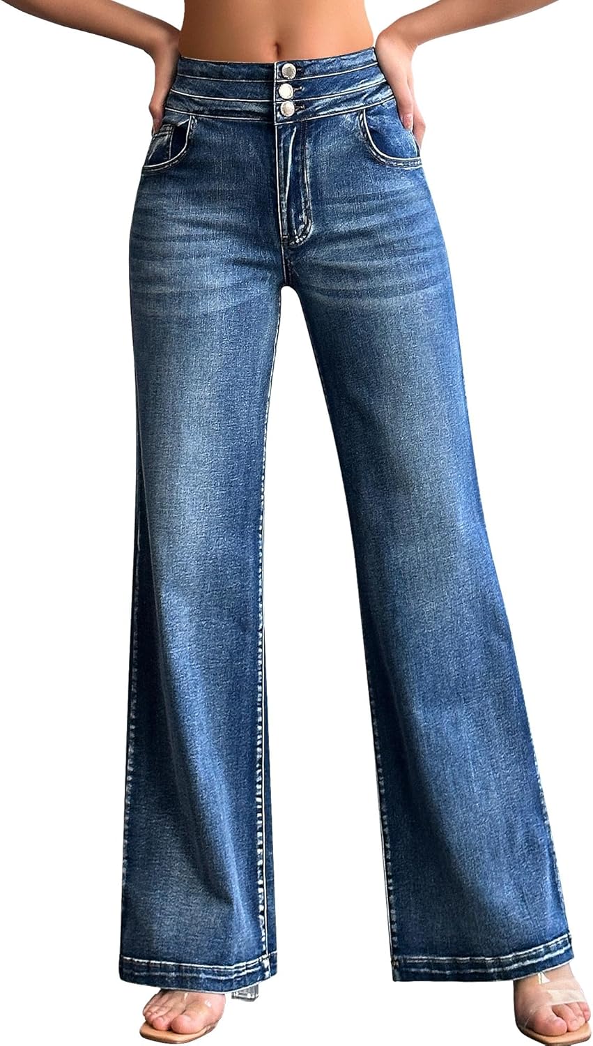 roswear Damen Wide Leg Jeans Lässige High Waist Stretch Baggy Loose Denim Hose