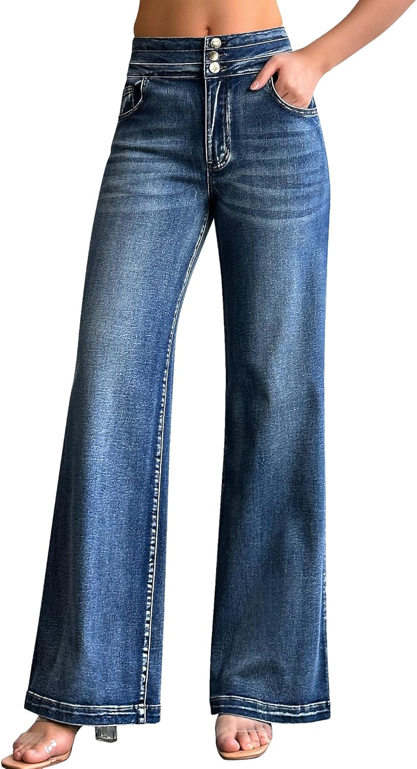 roswear Damen Wide Leg Jeans Lässige High Waist Stretch Baggy Loose Denim Hose