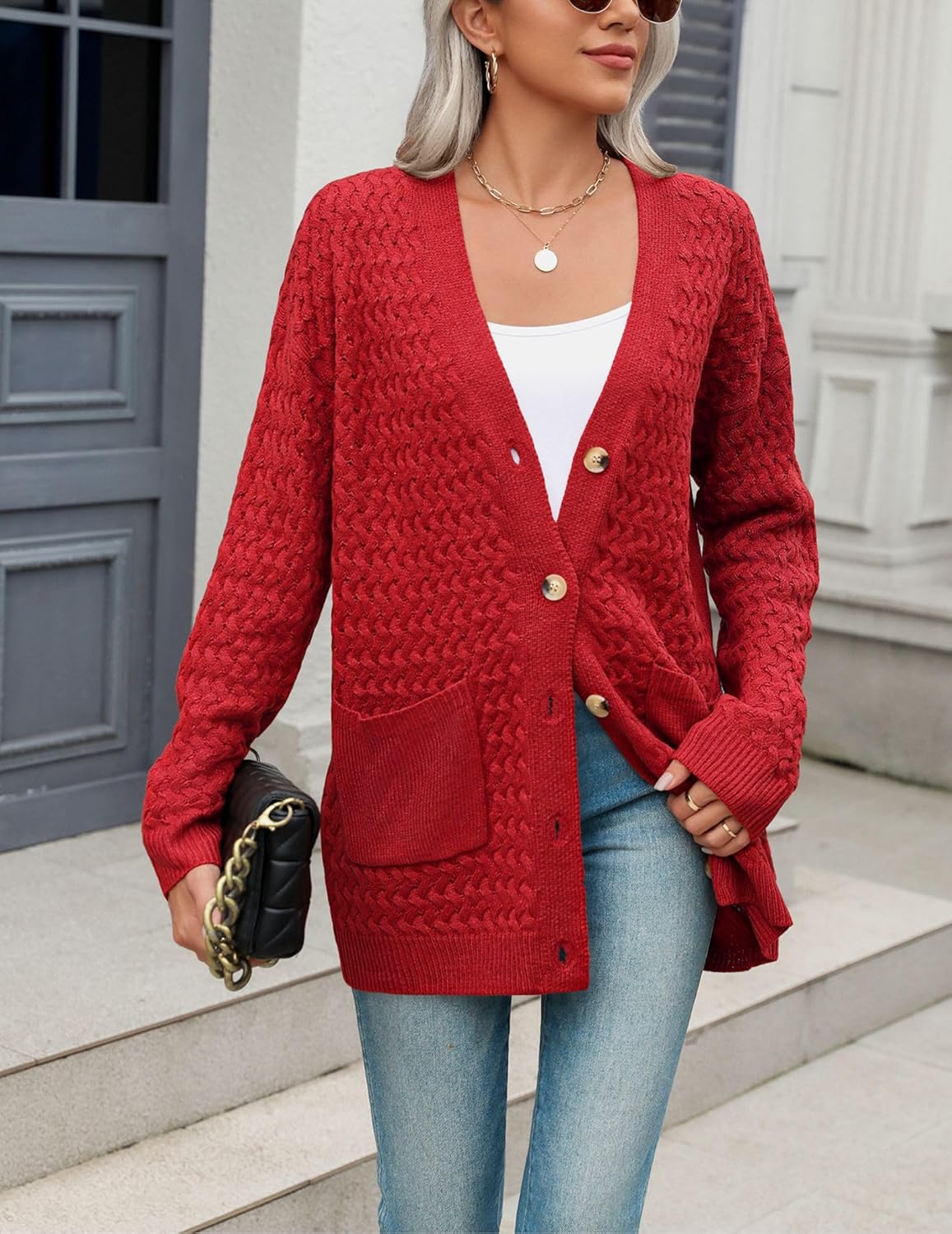 Zeagoo Damen Langarm Grobstrick Cardigan Herbststrickjacken Knopfleiste Offen Vorne Oberbekleidung mit Taschen 2024