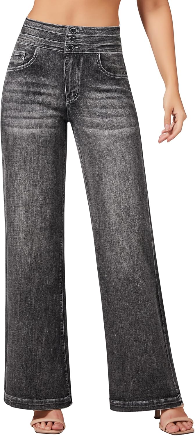roswear Damen Wide Leg Jeans Lässige High Waist Stretch Baggy Loose Denim Hose