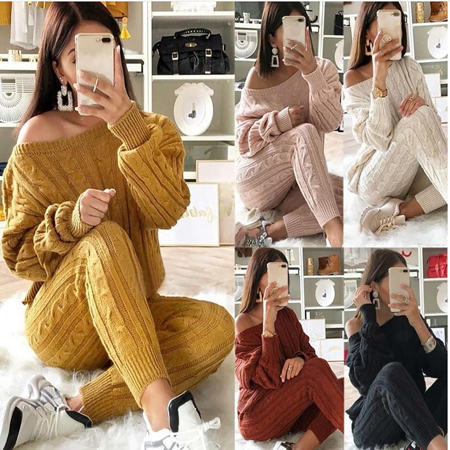 Damen Herbst Strick 2-teilige Outfits Pullover Shirt Top und Bodycon Hose Freizeit Jumpsuit Strampler Plus Size