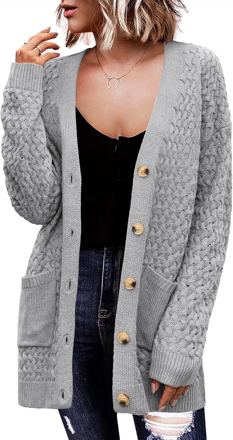 Zeagoo Damen Langarm Grobstrick Cardigan Herbststrickjacken Knopfleiste Offen Vorne Oberbekleidung mit Taschen 2024