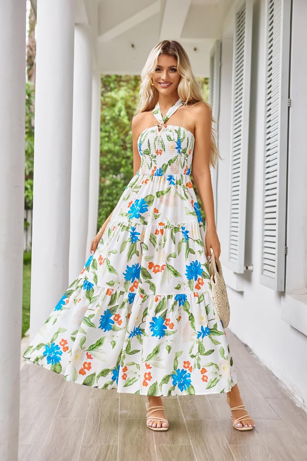 GRACE KARIN Damen Sommerkleider 2025 Neckholder Ärmellos Gesmoktes Rückenloses Cut-Out Blumenmuster Fließendes A-Linien Maxikleid