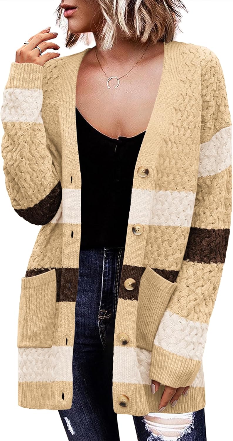 Zeagoo Damen Langarm Grobstrick Cardigan Herbststrickjacken Knopfleiste Offen Vorne Oberbekleidung mit Taschen 2024