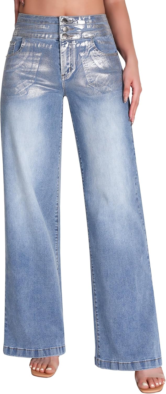 roswear Damen Wide Leg Jeans Lässige High Waist Stretch Baggy Loose Denim Hose