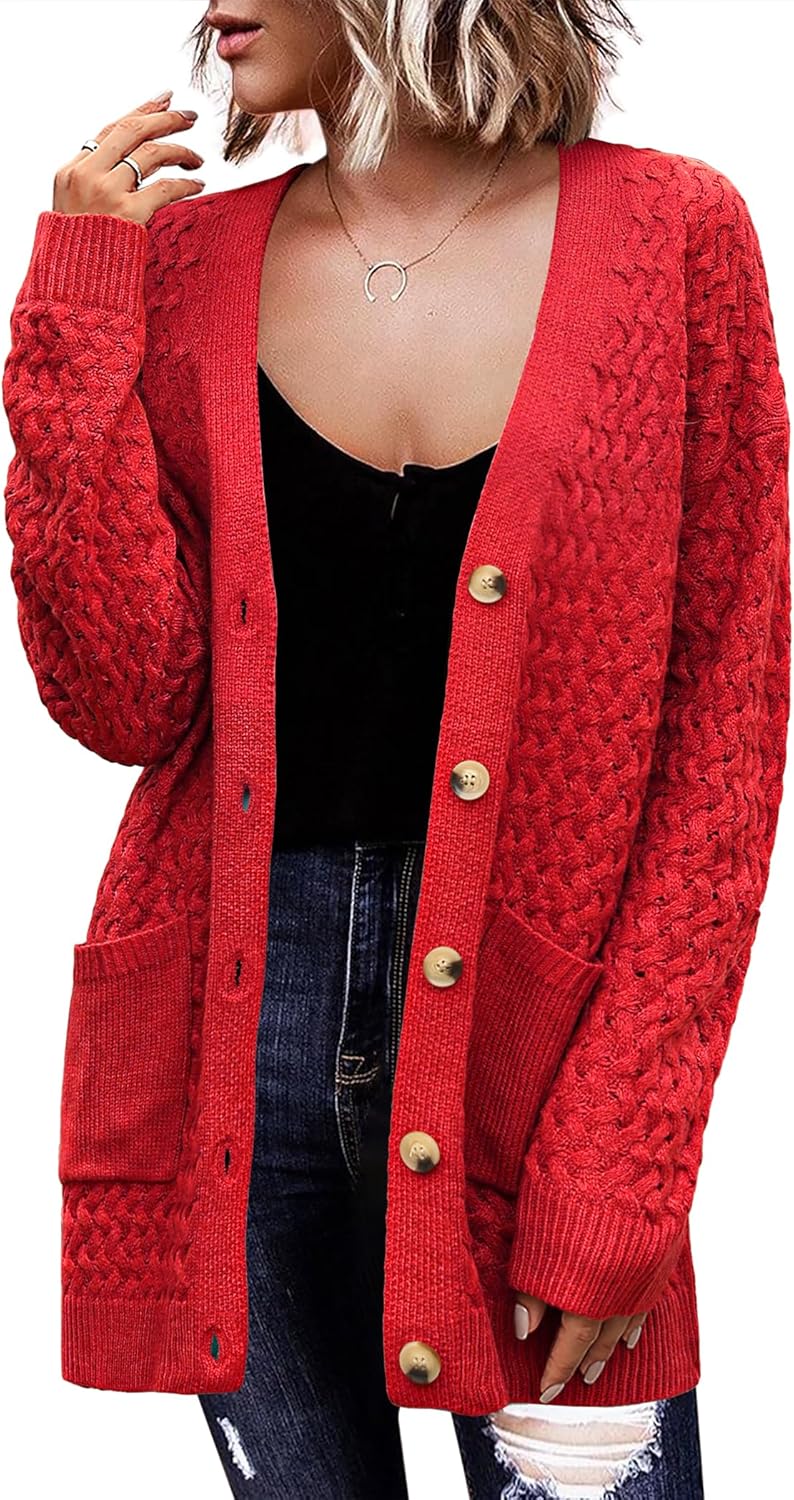 Zeagoo Damen Langarm Grobstrick Cardigan Herbststrickjacken Knopfleiste Offen Vorne Oberbekleidung mit Taschen 2024