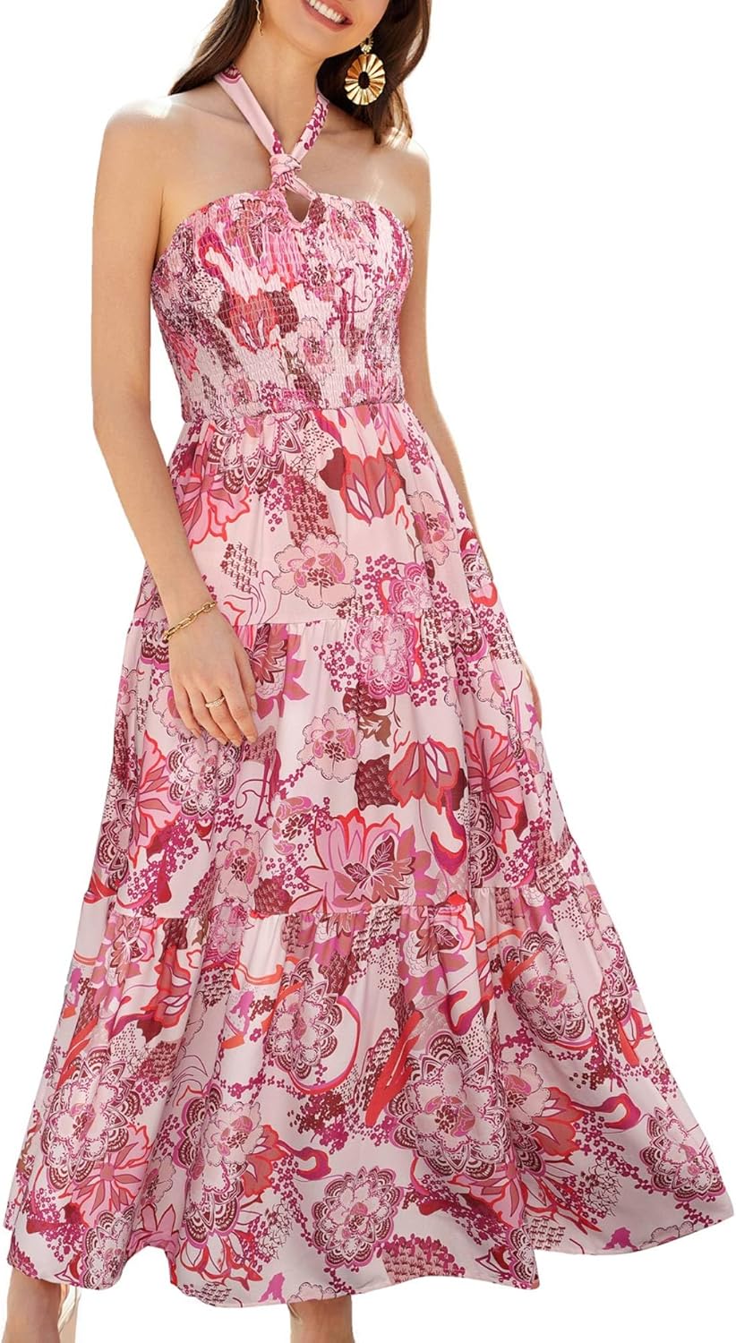 GRACE KARIN Damen Sommerkleider 2025 Neckholder Ärmellos Gesmoktes Rückenloses Cut-Out Blumenmuster Fließendes A-Linien Maxikleid