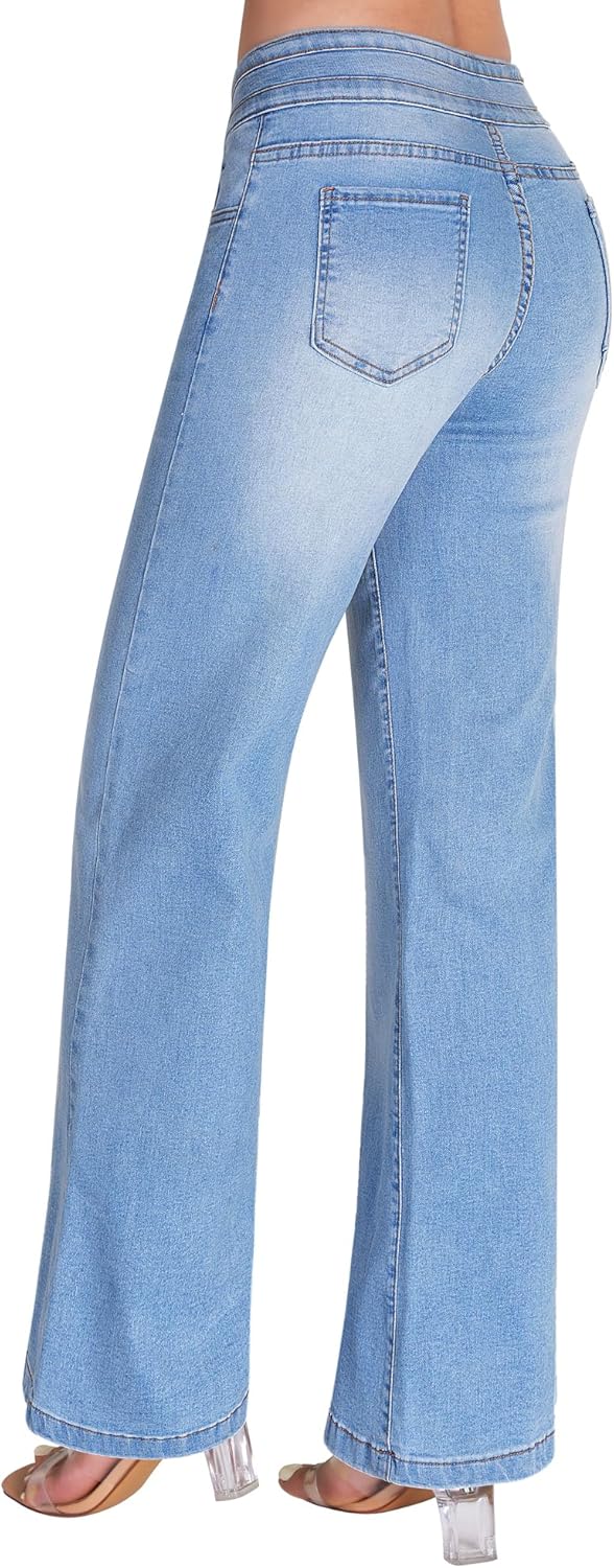 roswear Damen Wide Leg Jeans Lässige High Waist Stretch Baggy Loose Denim Hose