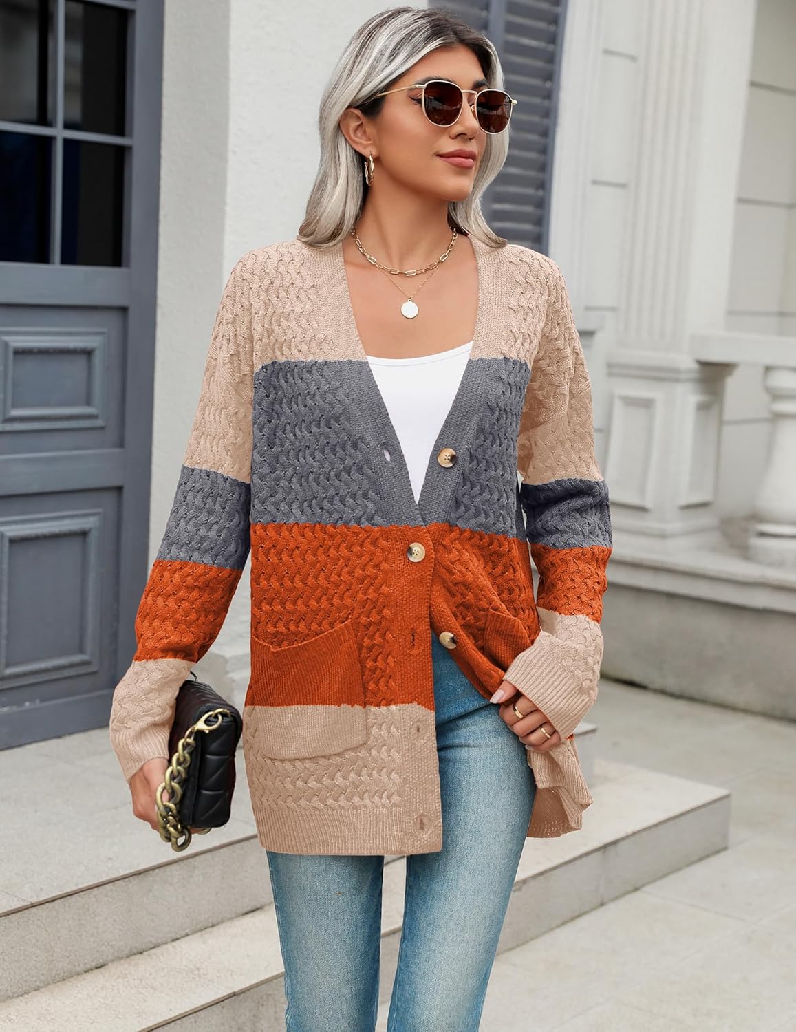 Zeagoo Damen Langarm Grobstrick Cardigan Herbststrickjacken Knopfleiste Offen Vorne Oberbekleidung mit Taschen 2024
