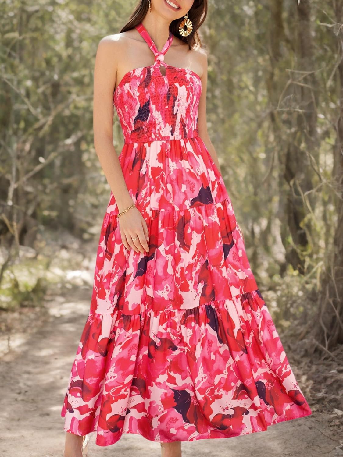 GRACE KARIN Damen Sommerkleider 2025 Neckholder Ärmellos Gesmoktes Rückenloses Cut-Out Blumenmuster Fließendes A-Linien Maxikleid