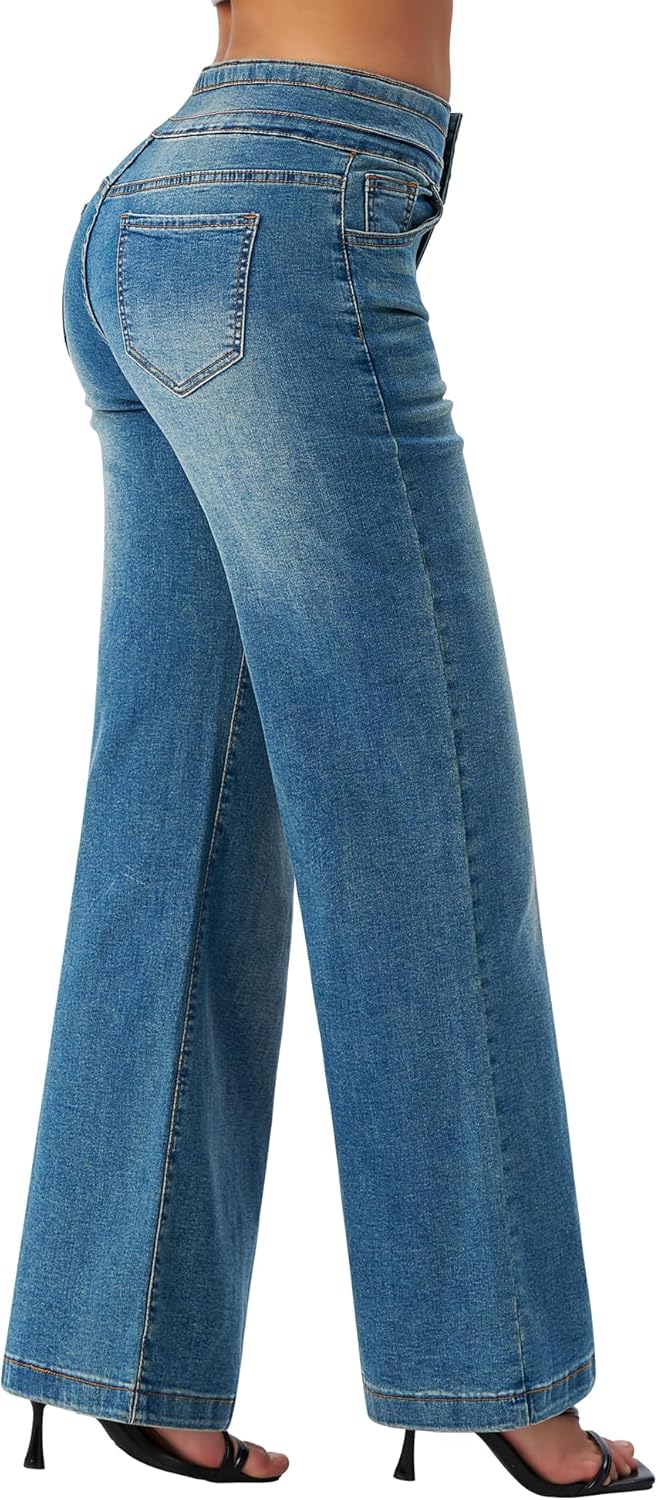 roswear Damen Wide Leg Jeans Lässige High Waist Stretch Baggy Loose Denim Hose