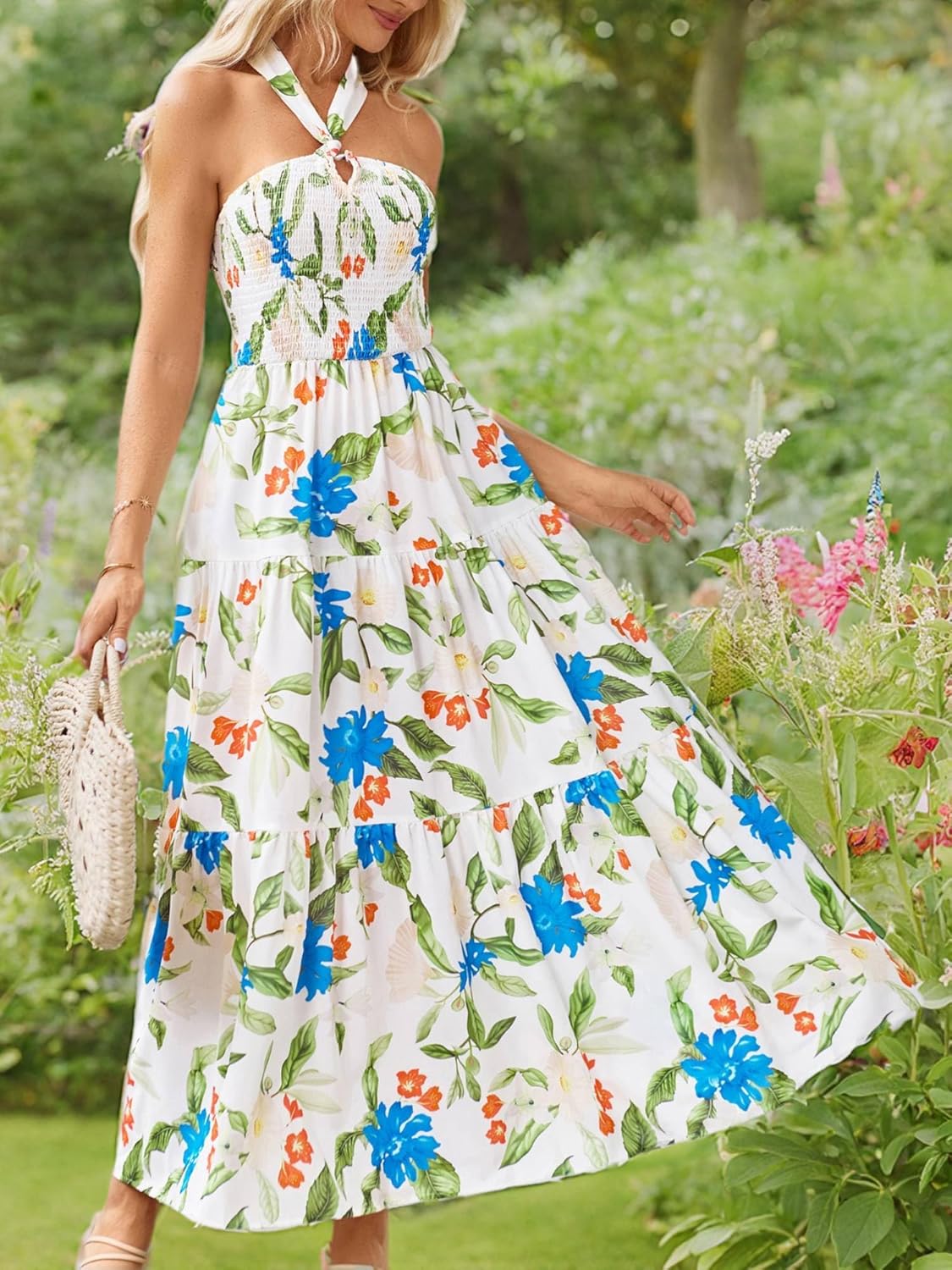 GRACE KARIN Damen Sommerkleider 2025 Neckholder Ärmellos Gesmoktes Rückenloses Cut-Out Blumenmuster Fließendes A-Linien Maxikleid