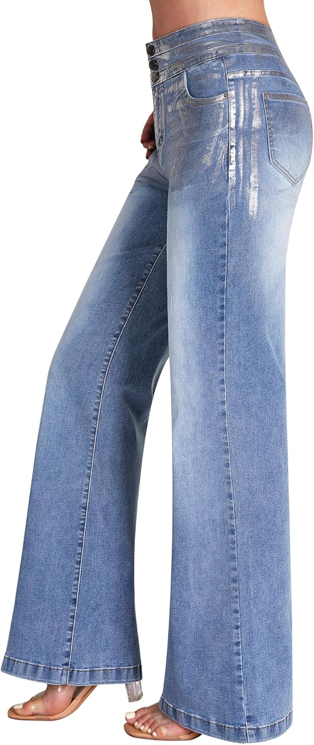 roswear Damen Wide Leg Jeans Lässige High Waist Stretch Baggy Loose Denim Hose