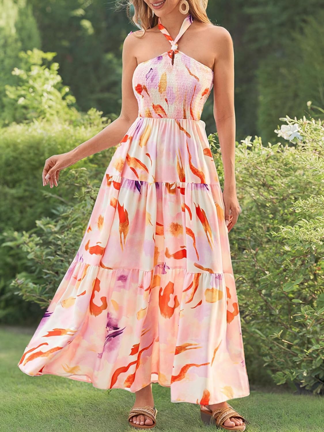 GRACE KARIN Damen Sommerkleider 2025 Neckholder Ärmellos Gesmoktes Rückenloses Cut-Out Blumenmuster Fließendes A-Linien Maxikleid