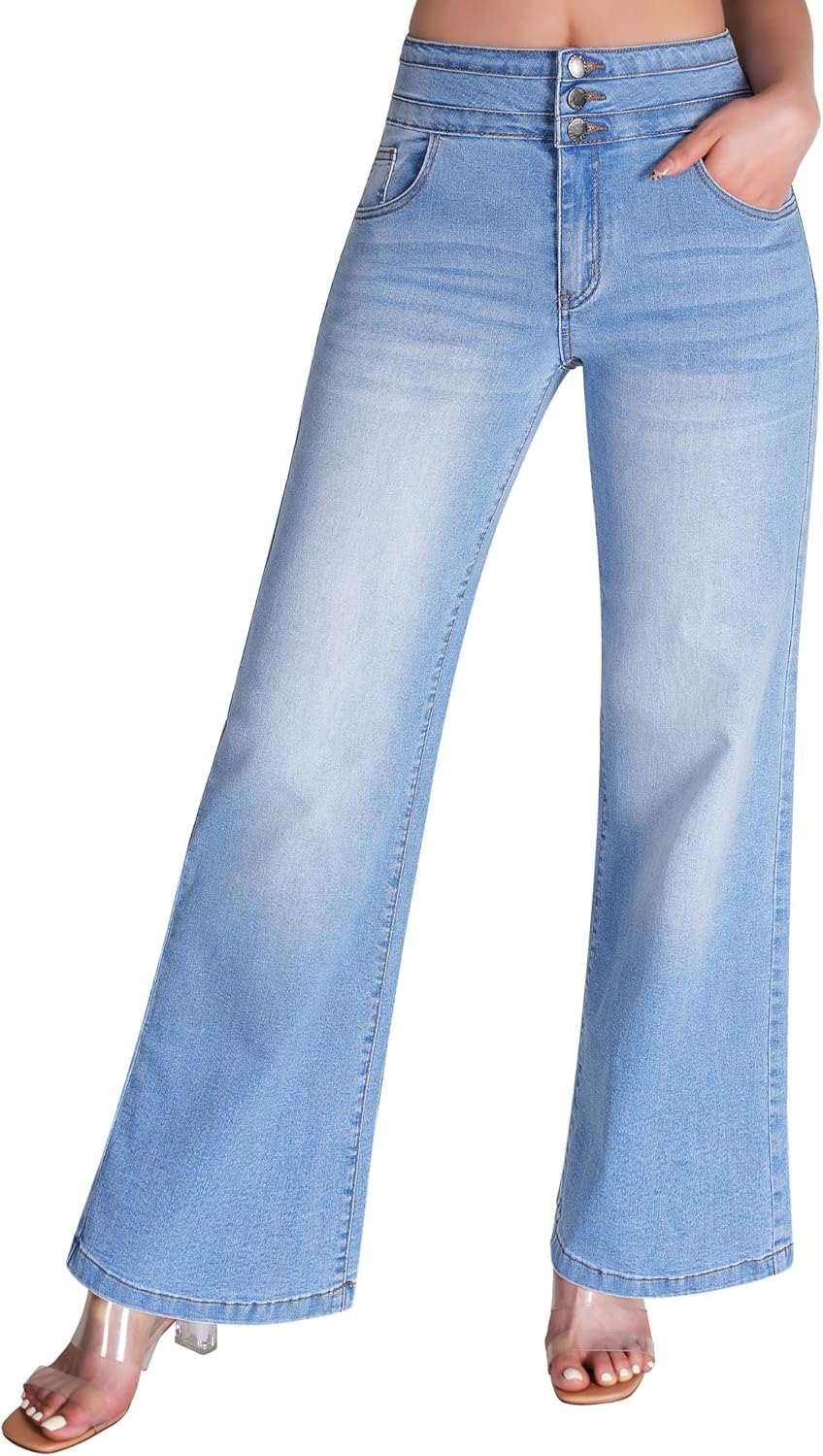 roswear Damen Wide Leg Jeans Lässige High Waist Stretch Baggy Loose Denim Hose